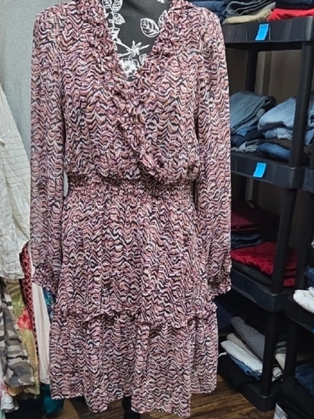 Maurices Pink and Black Printed Long Sleeve Ruffle Dress
